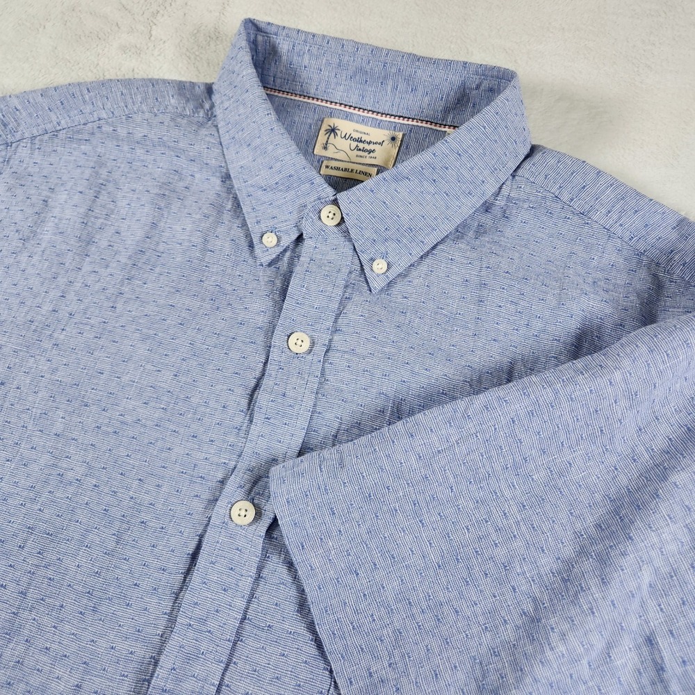 Weatherproof Vintage Mens XXL Blue Linen Cotton Short Sleeve Button Down Shirt